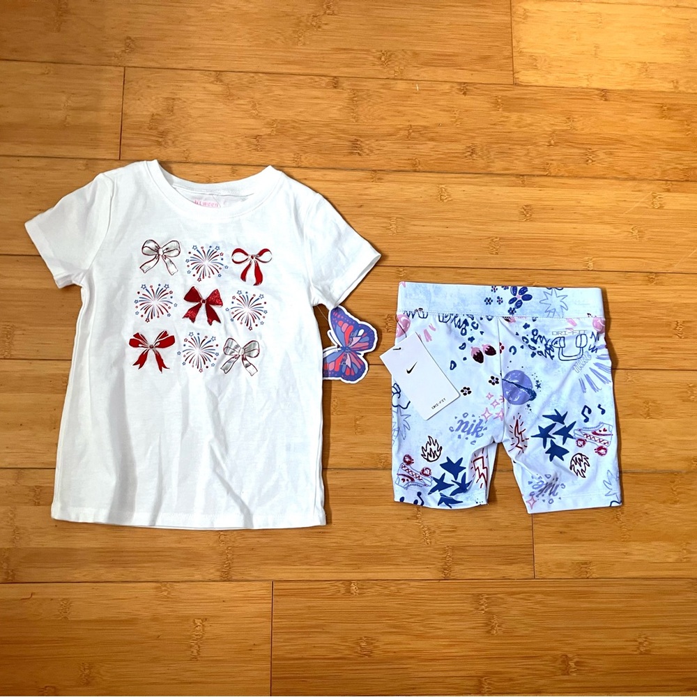 NWT Girls Size 6 Patriotic Bow Top Tee & Nike Bike Shorts Outfit